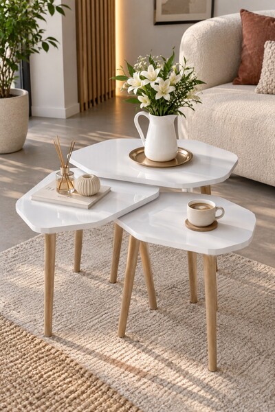 SuloraHome 3'lü Beyaz Geometrik Zigon Sehpa Seti Ahşap Ayaklı