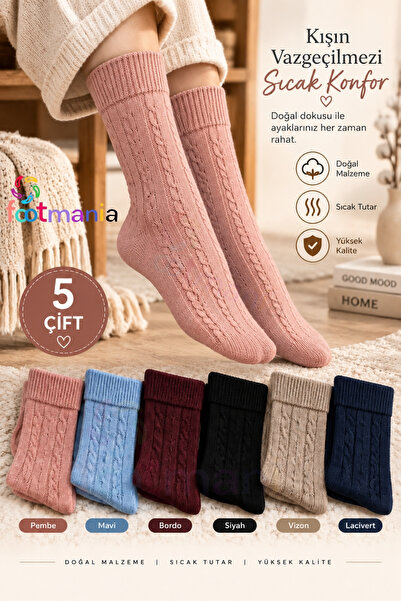footmania Kadın 6 Çift Örgü Desenli Sonbahar ve Kışlık Çorap Seti (Extra Yumu...