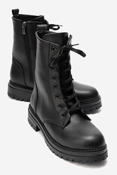 LuviShoes BARREL Siyah Cilt Bağcıklı Fermuarlı Kadın Postal Bot