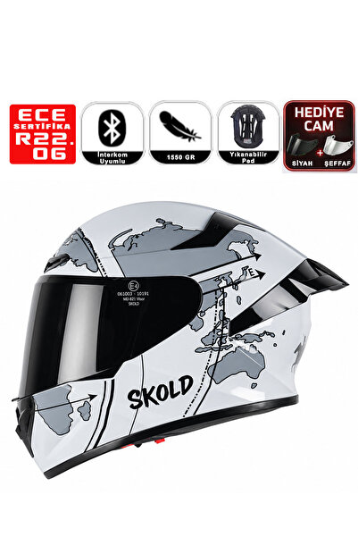 SKOLD Rapid Full-Face Shiny Map Harita Desenli Motosiklet Kaskı (ECE-22.06)