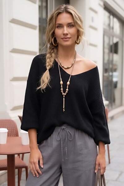 Chiccy Italian Black V-Neck Balloon Sleeve Casual Mercerized Knitwear Sweater...