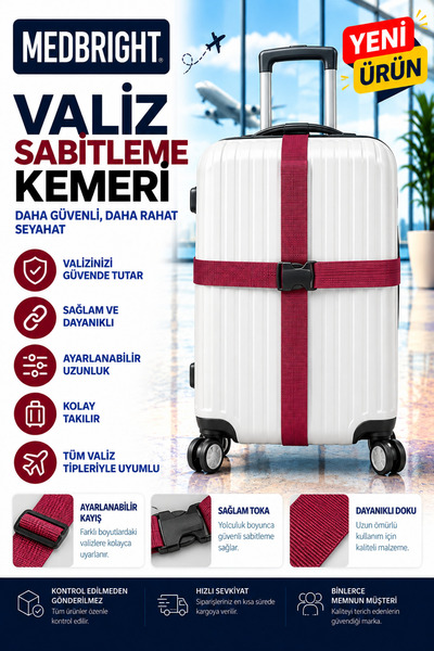 MEDBRIGHT Valiz Kemeri Emniyet Kilitli Tokalı Ayarlanabilir Bavul Kemeri 2 Ad...