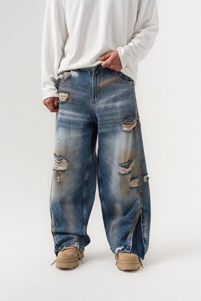go gang own Ravage Ripped Detailed Zippered Leg Jeans Baggy Men's Trousers