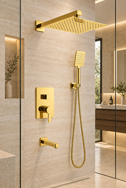 CREVO GOLD Ankastre Duş Seti – 3 Yönlü - PVD ALTIN KAPLAMA | Sıva Altı Dahil ...