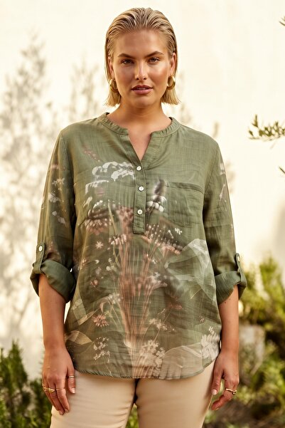 Chiccy Italian Khaki Hakim Collar Long Sleeve Printed Casual Linen Look Woven...