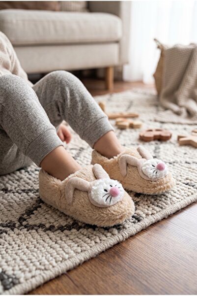 Moda Devrin Unisex Μπεζ Βελούδινες Παντόφλες για το Σπίτι με Χαριτωμένη Φιγού...