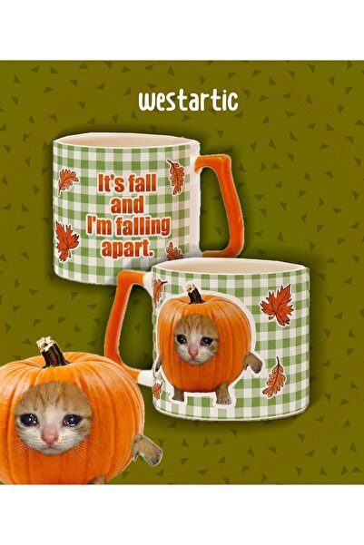 westartic “It’s fall and I’m falling apart” Yazılı Balkabağı Üzgün Kedi Pumpk...