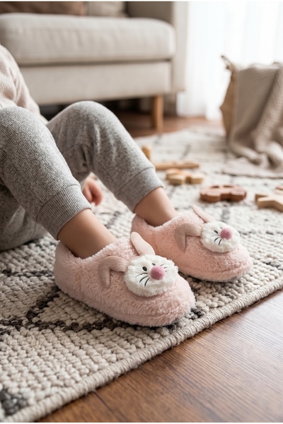 Moda Devrin Unisex Pudra Bebek & Çocuk Sevimli Tavşan Figürlü Peluş Ev Panduf...