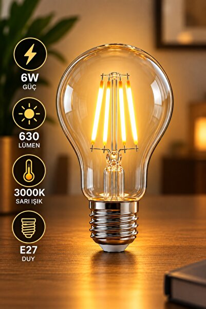Aryes E27 6W LED Filament Ampul 630 Lümen 3000K Sarı Işık Şeffaf Cam Dekorati...