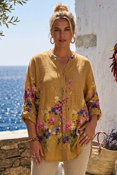 Chiccy Italian Camel Hakim Collar Long Sleeve Buttoned Floral Printed Linen L...