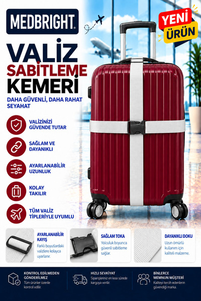 MEDBRIGHT Valiz Kemeri Emniyet Kilitli Tokalı Ayarlanabilir Bavul Kemeri 2 Ad...