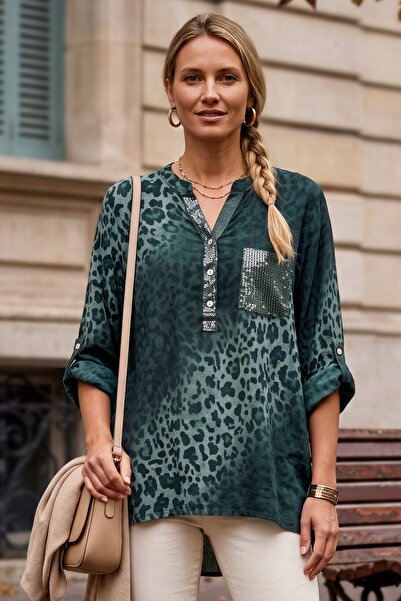 Chiccy Italian Green Judge Collar Long Sleeve Leopard Patterned Sequin Pocket...