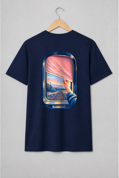Generic Brand Tricou unisex cu Fereastră de tren cu șine la apus pentru călători