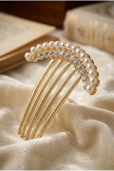 Cinderella Accessories Rhine-Stone İncili Taşlı Gold Taraklı Saç Topuz Tokası...