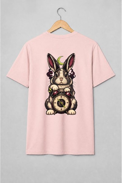 Generic Brand Tricou unisex cu Iepure cu ceas și semilună vintage