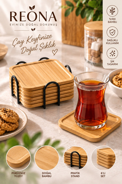 Reona 6’lı Standlı Kare Bambu Bardak Altlığı Seti – Çay Bardağı ve Kahve Finc...