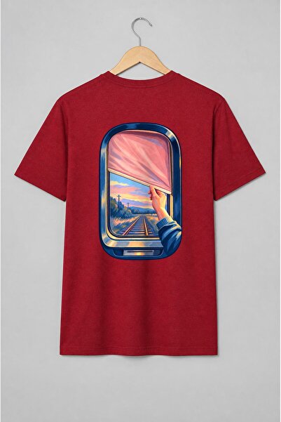Generic Brand Tricou unisex cu Fereastră de tren cu șine la apus pentru călători