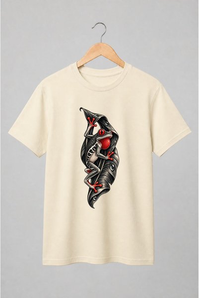 Generic Brand Tricou unisex cu Broască de copac pe frunză stil gravură