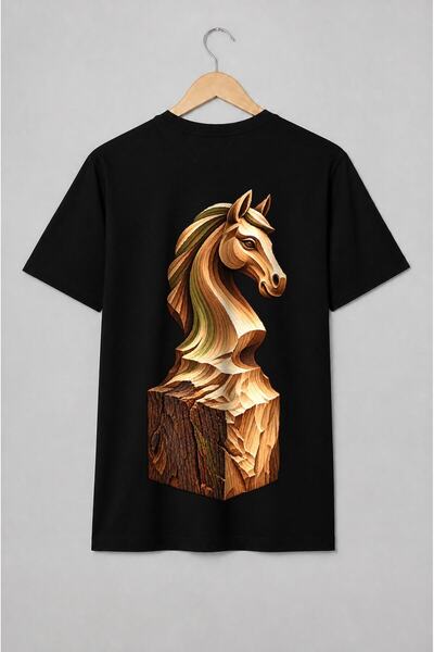 Generic Brand Tricou unisex cu Cap de cal sculptat în lemn stil artizanal