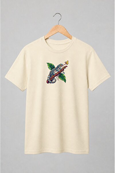 Generic Brand Tricou unisex cu Cameleon colorat cu fluture stil tropical