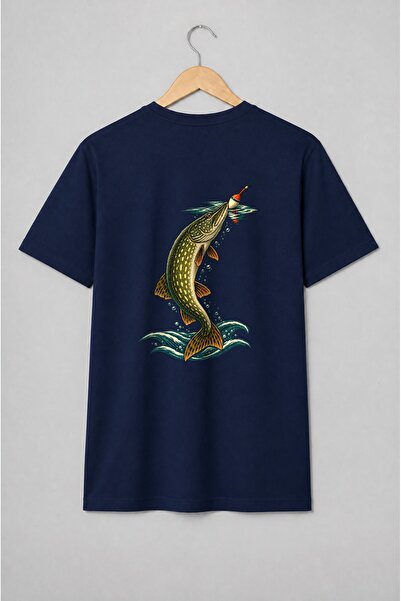 Generic Brand Tricou unisex cu Știucă la undiță ilustrație vintage