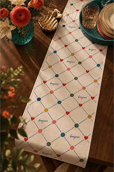SasoHome Bonjour Monsieur Renkli Kalp ve Puantiye Desenli Modern Dekoratif Masa Runner | Retro & Şık Sofra Dekoru