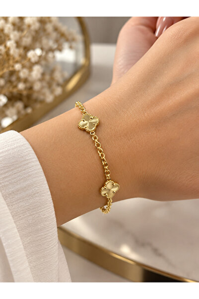 CM Jewelry 14K Altın Kaplama Renk Üç Yonca Detaylı Kadın Bileklik – Zarif Tas...