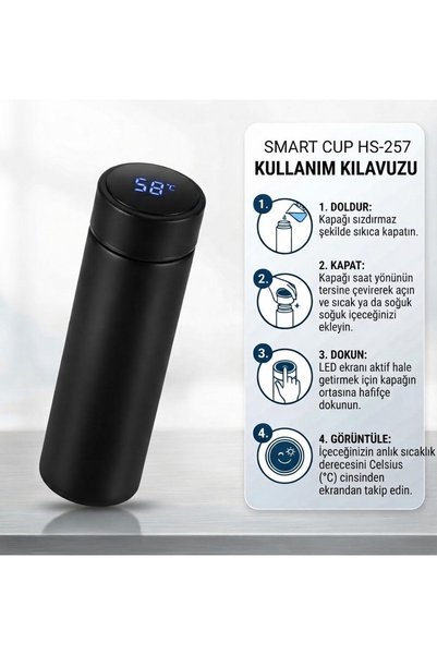 KONTEF Siyah LED Derece Göstergeli 304 Çelik 500 ml Filtreli Termos (12 Saat ...