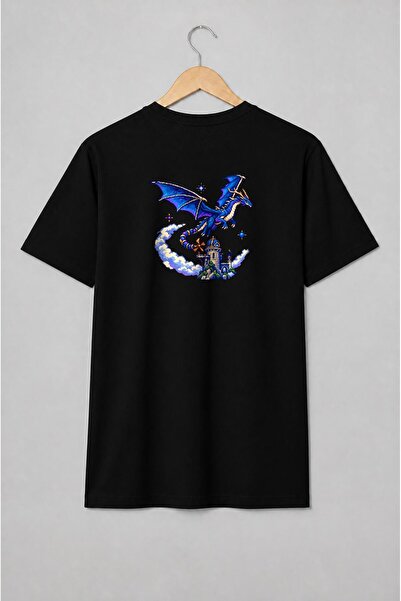 Generic Brand Tricou unisex cu Dragon albastru și castel medieval pixel art