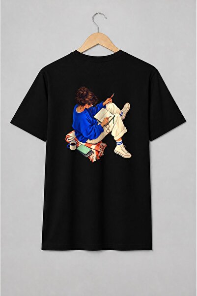 Generic Brand Tricou unisex cu Fată cu jurnal și cărți în stil cozy