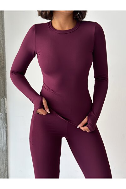 OPENDO Kadın İçi Polarlı Parmak Geçirmeli Bisiklet Yaka Uzun Kollu Slim Fit Bluz