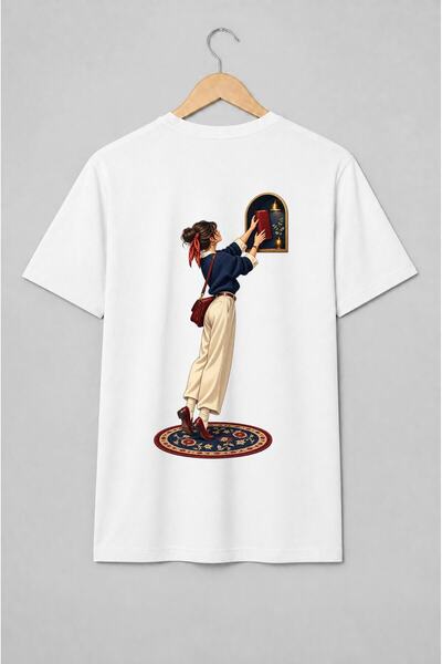 Generic Brand Tricou unisex cu Femeie cu carte și lampă, ilustrație vintage