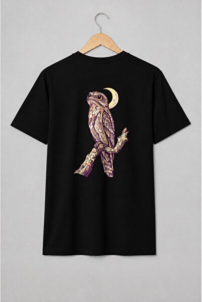 Generic Brand Tricou unisex cu Bufniță cu lună și ramură florală vintage