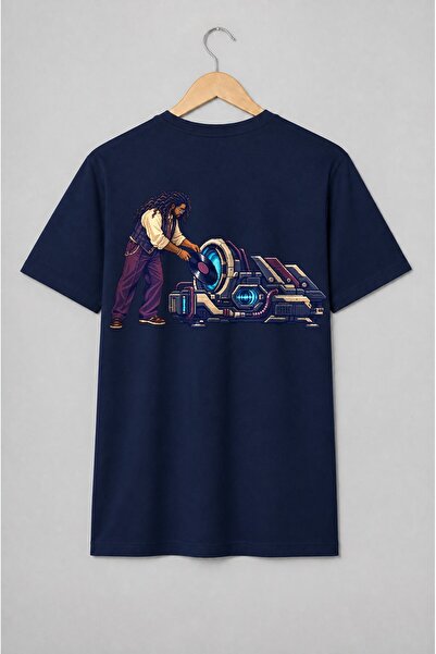 Generic Brand Tricou unisex cu DJ cu disc vinil și consolă audio pixel art
