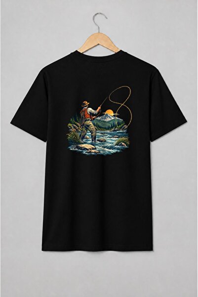 Generic Brand Tricou unisex cu Pescar la muscă în râu montan stil vintage