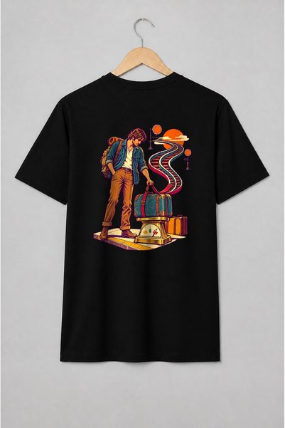 Generic Brand Tricou unisex cu Călător cu rucsac și valize stil vintage