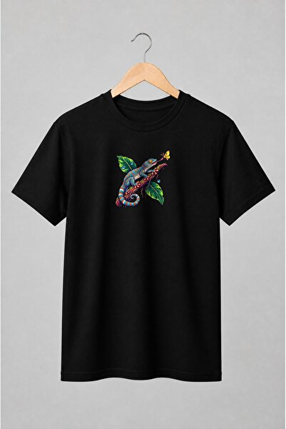Generic Brand Tricou unisex cu Cameleon colorat cu fluture stil tropical