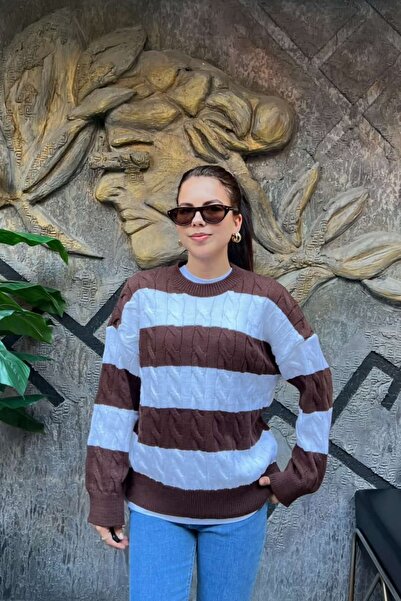 sunfyre Oversize Striped Crew Neck Hair Braided Knitwear Sweater Sun526