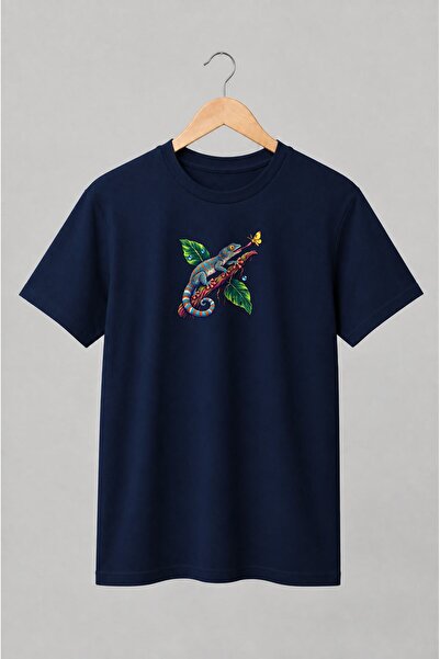 Generic Brand Tricou unisex cu Cameleon colorat cu fluture stil tropical