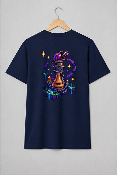 Generic Brand Tricou unisex cu Turn cu telescop și insule plutitoare pixel art