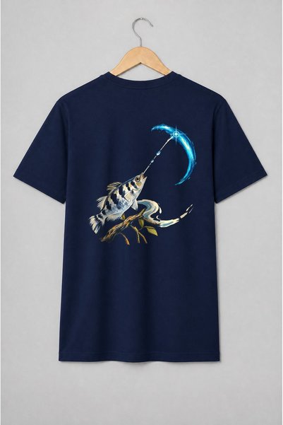 Generic Brand Tricou unisex cu Pește și val albastru pentru pescuit sportiv