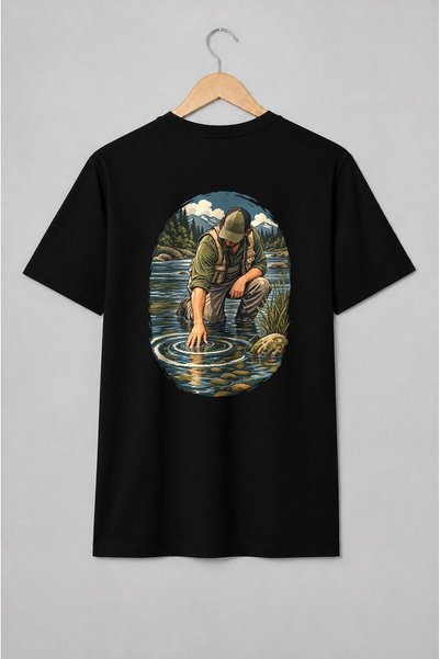 Generic Brand Tricou unisex cu Pescar în râu cu munți stil outdoor