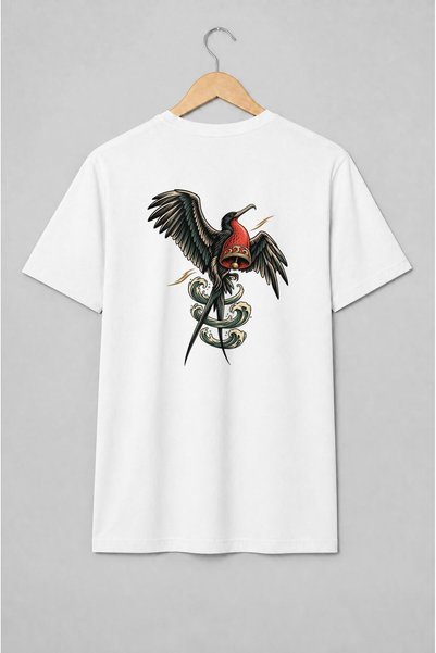 Generic Brand Tricou unisex cu Pasăre fregată cu clopot și valuri stil tatuaj