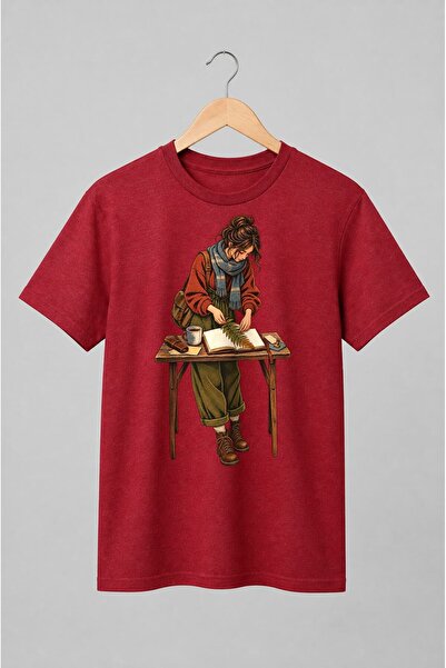 Generic Brand Tricou unisex cu Femeie cu jurnal și frunză de ferigă vintage