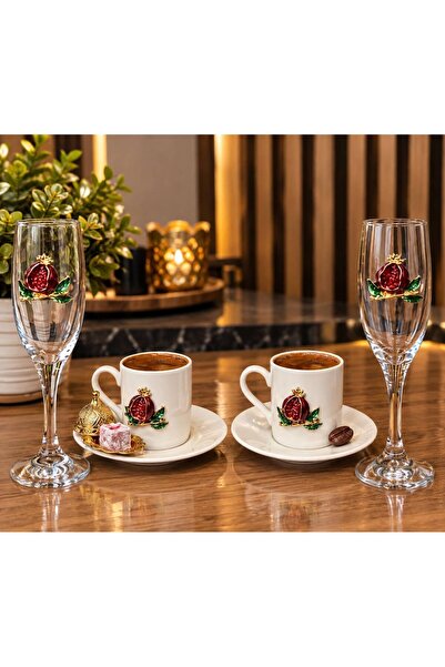 mykhediyevesanatatölyesi Double Coffee Cup and Coffee Side Glass Set Embossed...