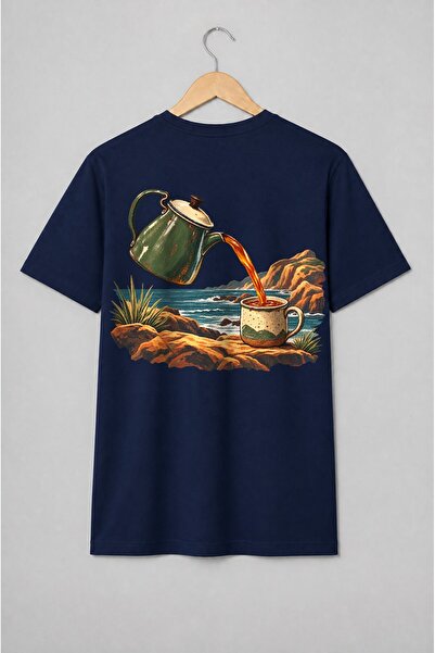 Generic Brand Tricou unisex cu Ceainic și cană cu ceai pe coastă vintage