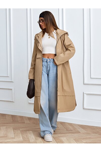 ladyzey Women's Tan Hooded Long Trench Coat with Drawstring Waist