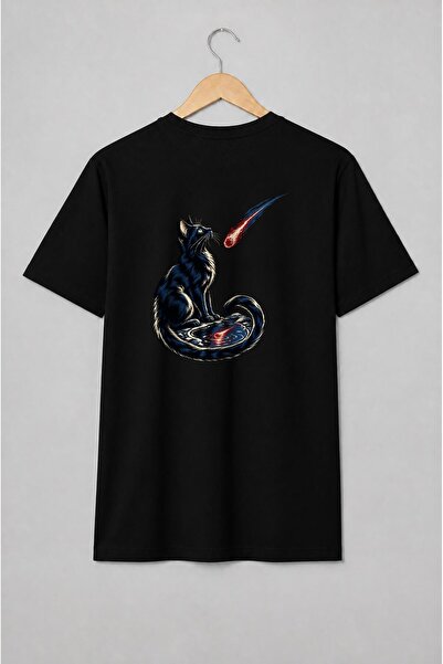 Generic Brand Tricou unisex cu Pisică neagră cu cometă artă mistică