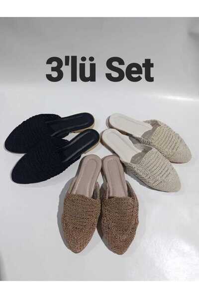 MY STİL MODA Women's Closed-Front Straw Slippers, Dowry, Daily, Guest House S...