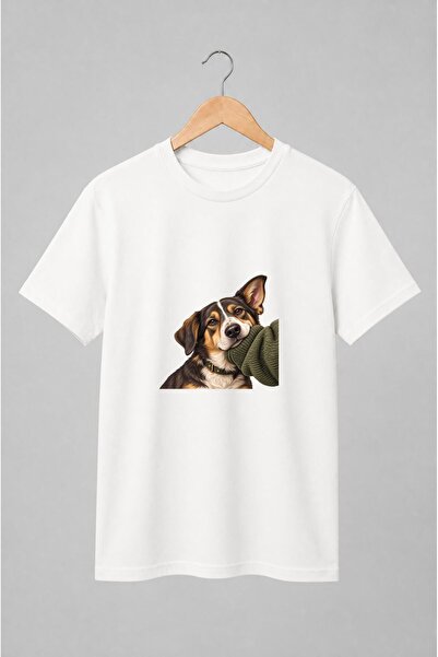 Generic Brand Tricou unisex cu Portret realist de câine tricolor cu fular